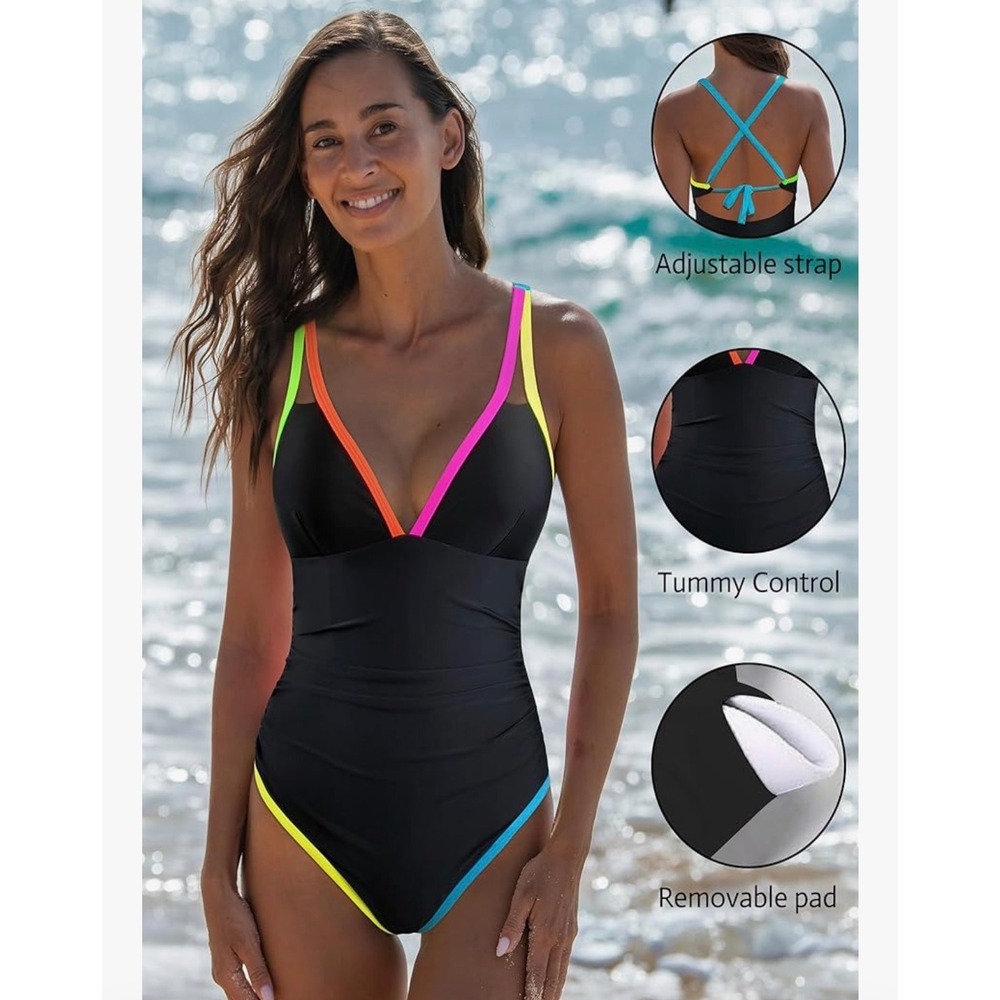 Popvii Beach Black One Piece Swimsuit Neon Trim Ruched Tummy Control Sz L